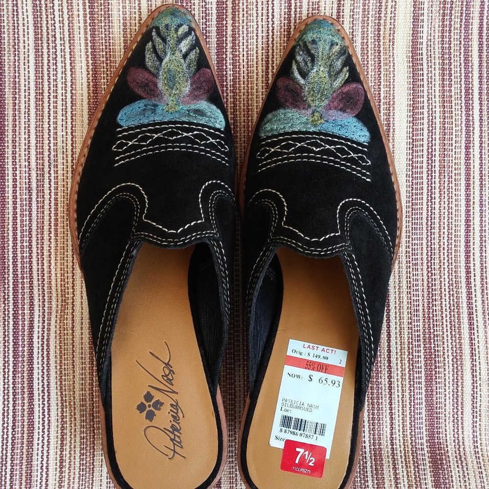 Patricia Nash Black Suede hand Painted Mules 7.5